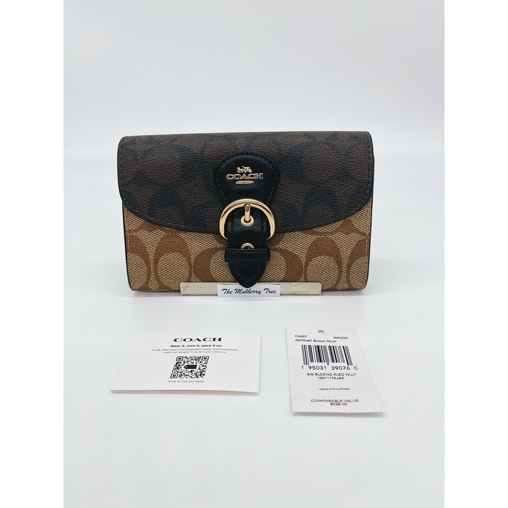 Coach C6897 Kleo Wallet In Blocked Signature Canvas Khaki Brown NWT Org $228